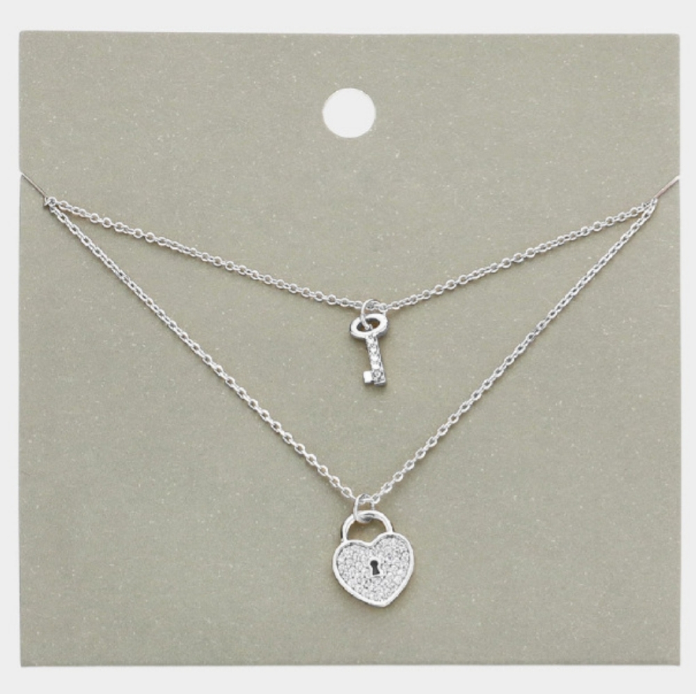 Silver Heart Lock & Key Pendant Necklace Metal Rhinestone Charm Chain Jewelry